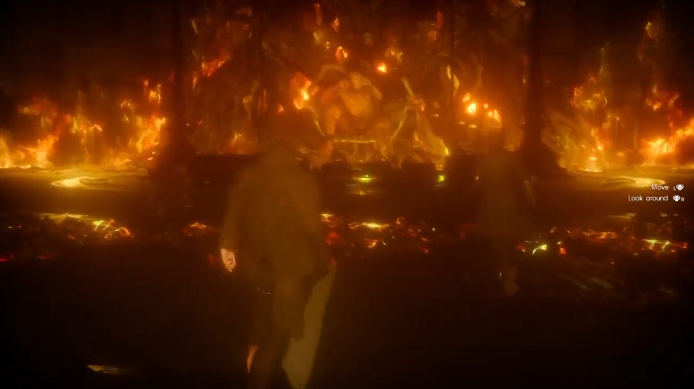 Opening encounter of the game, the party faces a flaming, larger-than-life figure.