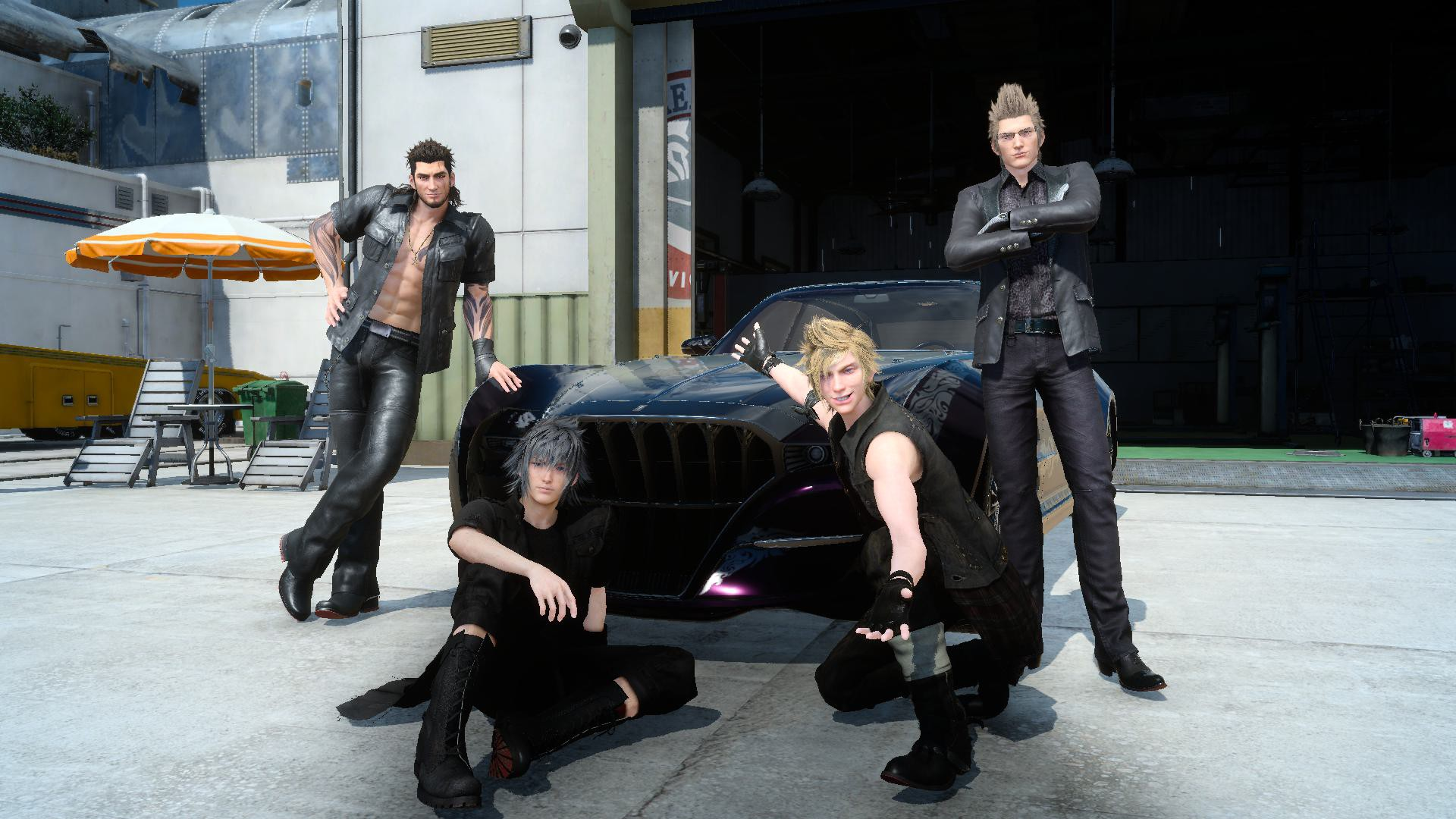 The party poses with their car, the Regalia, shortly after the journey begins.