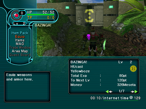 A Screenshot of Phantasy Star Online's menu, featuring Internet Time in the bottom right